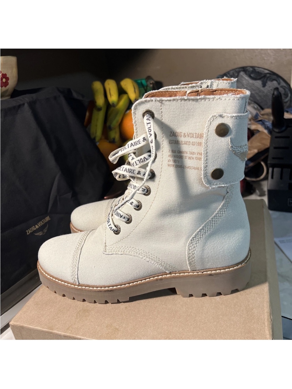 Zadig and Voltaire Joe Ankle Army Combat Boots Ecru Ivory leather lace up 40/9